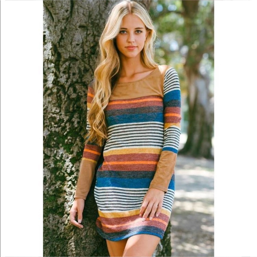 Boutique Striped Dress with Faux Suede